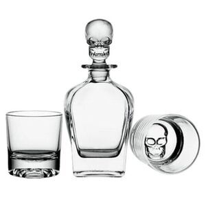 Godinger SKULLARY 3 Pc Set Double Old Fashion Glasses and Decanter Clear Skull